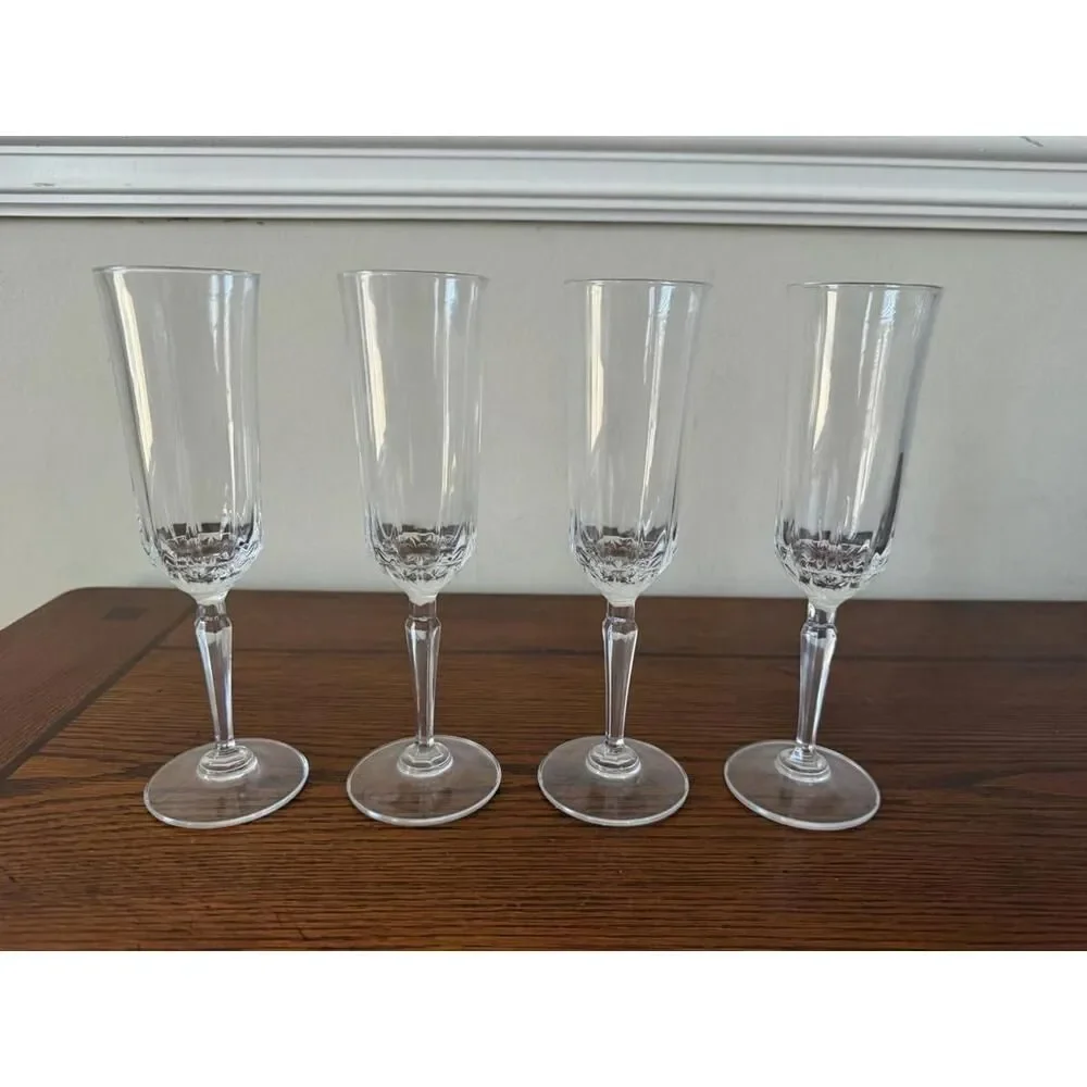 St George Crystal Champagne Flutes, Hex Stem, Set of 4, Vintage